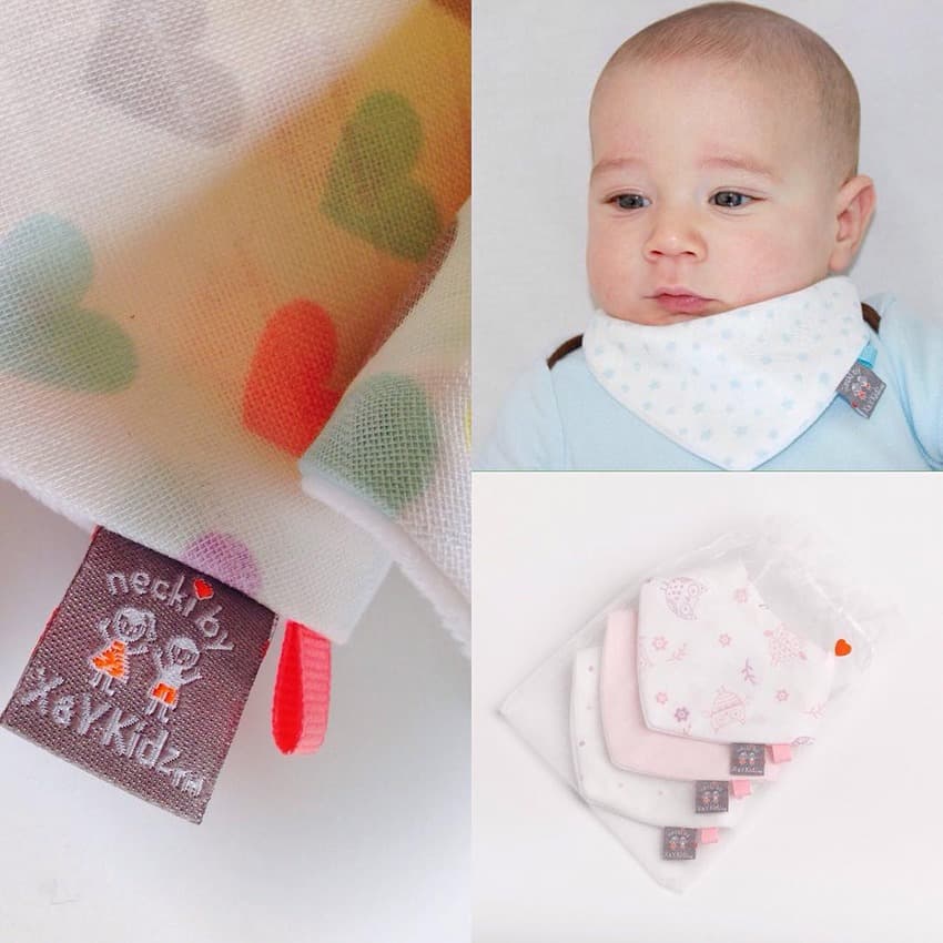Baby bib, bandana bib, contest winner, woven fabric label